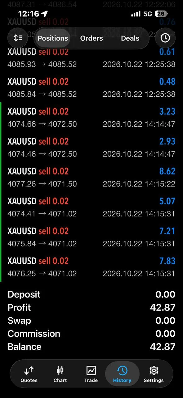 A member’s trade history with small gold sells closed in profit.