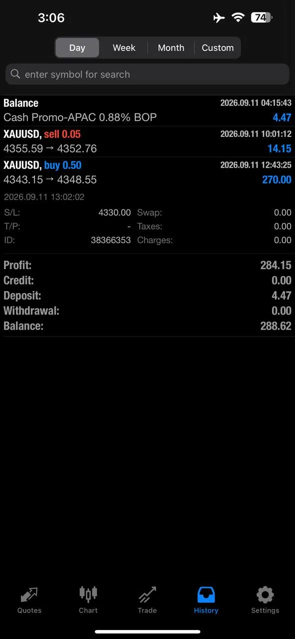 Member account screenshot from the September 11 session.