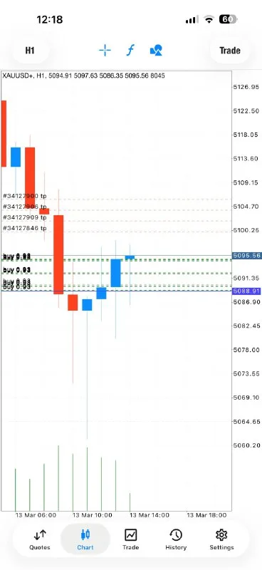 All trade entries in profit during March 13, 2026 XAUUSD session