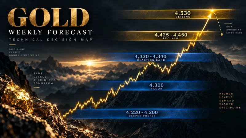 Gold weekly forecast technical decision map showing 4,300 floor and 4,425 to 4,450 reclaim zone
