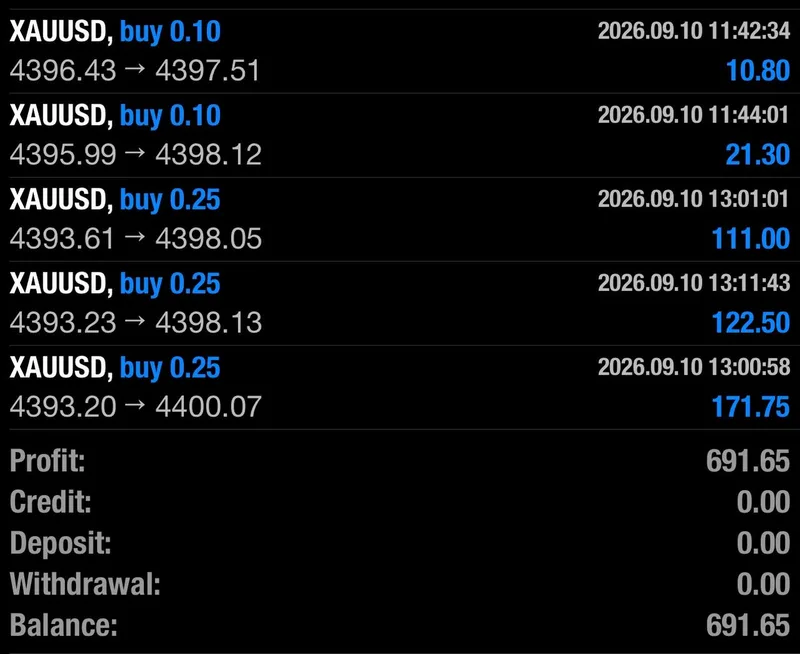 Trade-history and account-result screenshot shared by a member after the public target sequence.