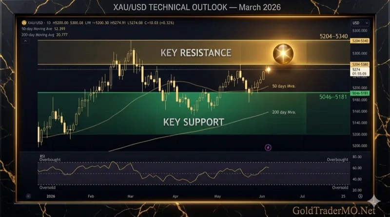 XAUUSD Technical Analysis Chart showing key support and resistance levels for March 2026