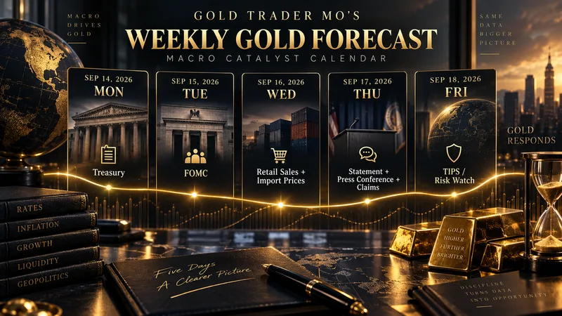 Gold weekly forecast macro calendar showing Treasury, FOMC, retail sales, import prices, claims, and TIPS