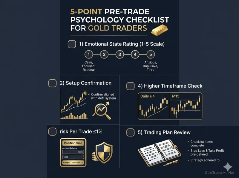 Gold trading pre-trade psychology checklist with 5-point discipline framework