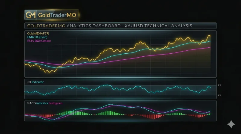 Gold-specific indicator settings with RSI, MACD, EMA, and ATR context